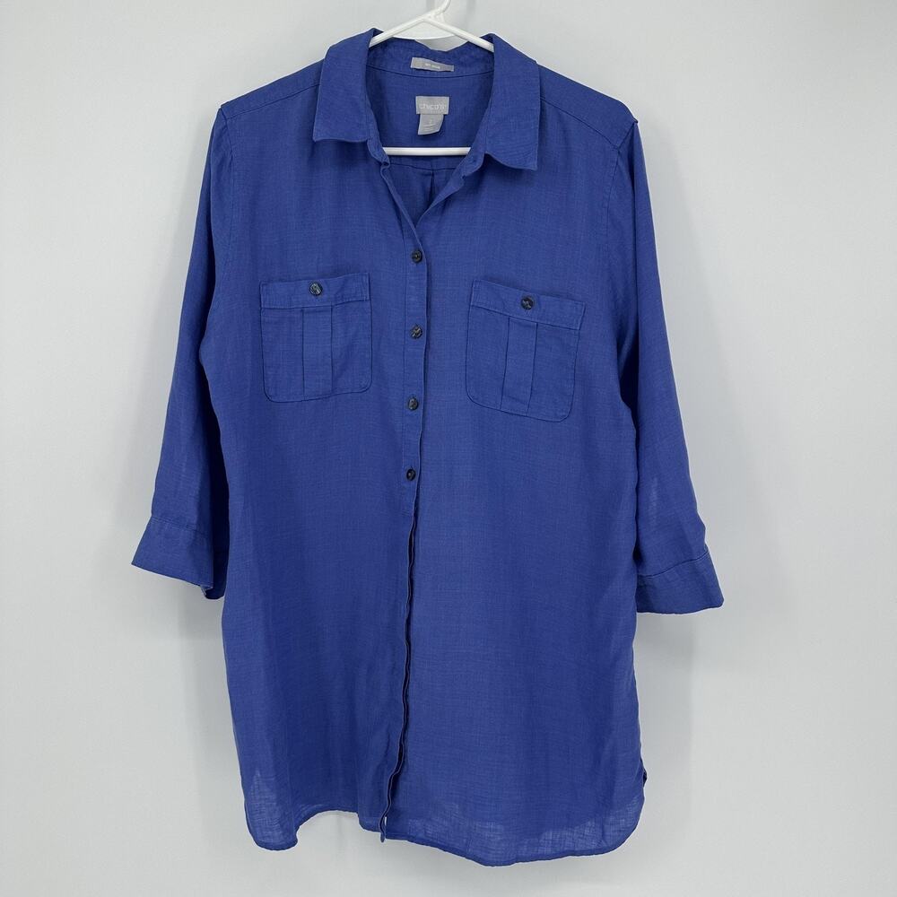 Chicos Shirt Womens MEDIUM No Iron Button Front Tunic Top Long Sleeve Pockets